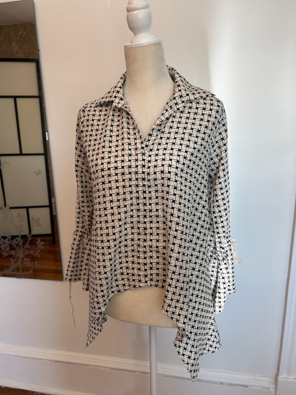 Black & White Geometric Button-Down Shirt with Asymmetric Hem